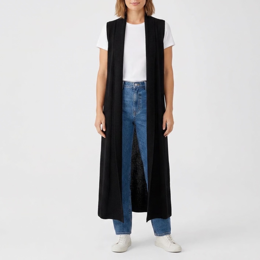 Alya Black Ribbed Longline Sleeveless Open Front Cardigan Vest Duster M